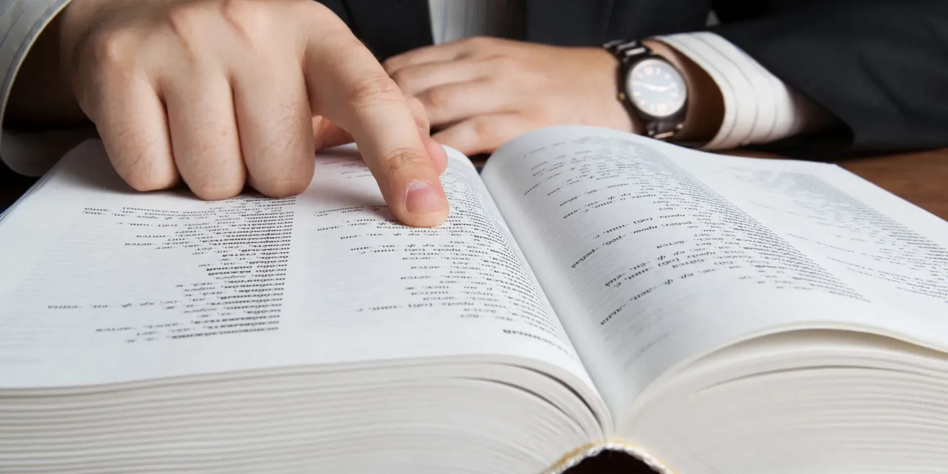 man in suit pointing at text book